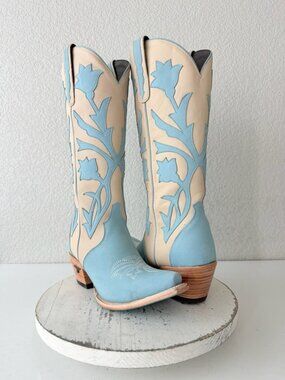 Lane JOLENE Cowboy Boots Blueberry Buttermilk Suede Leather Tall Snip Toe Sz 8